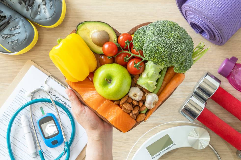 Vegetables, fruits, yoga mat, and shoes